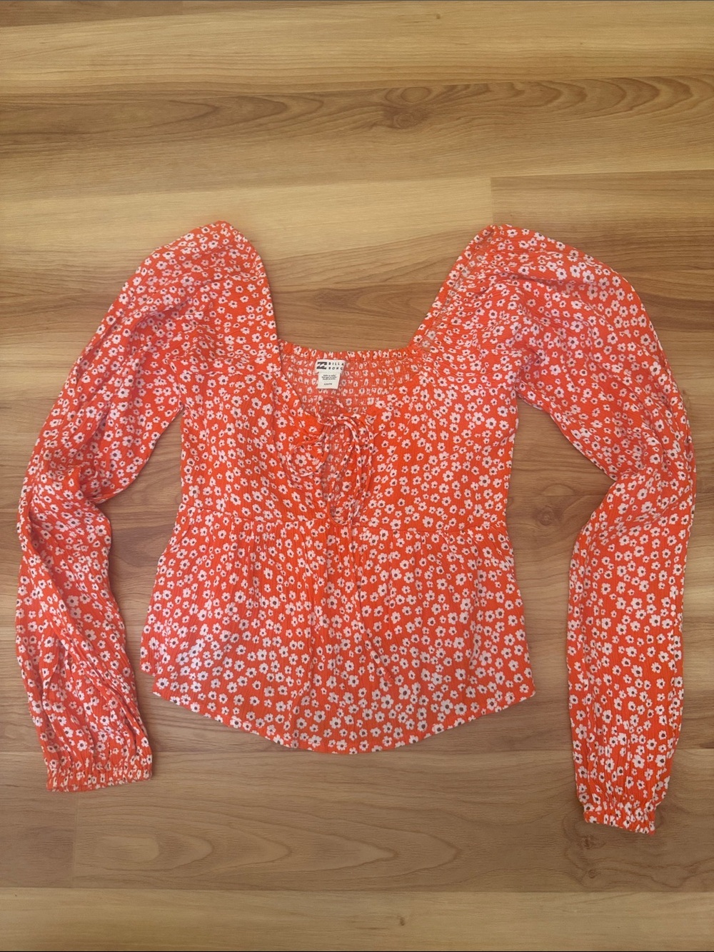 Billabong Orange Floral Puff-Sleeve Peasant Blouse